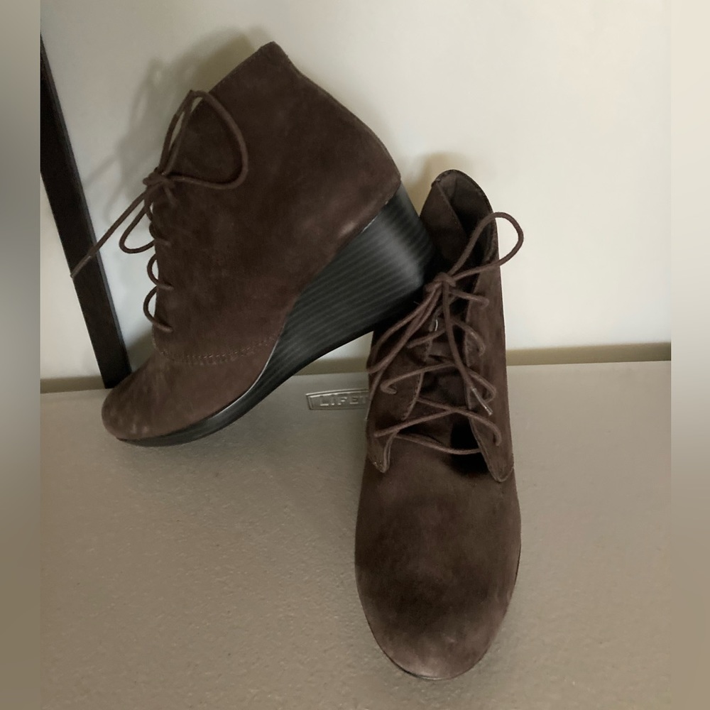 CLARKS suede wedge tie up ankle boot